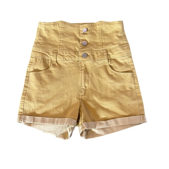Unbranded Pants - FAVLUX Mustard Yellow High Waisted Triple Button Fly Cuffed Shorts Womens SZ S